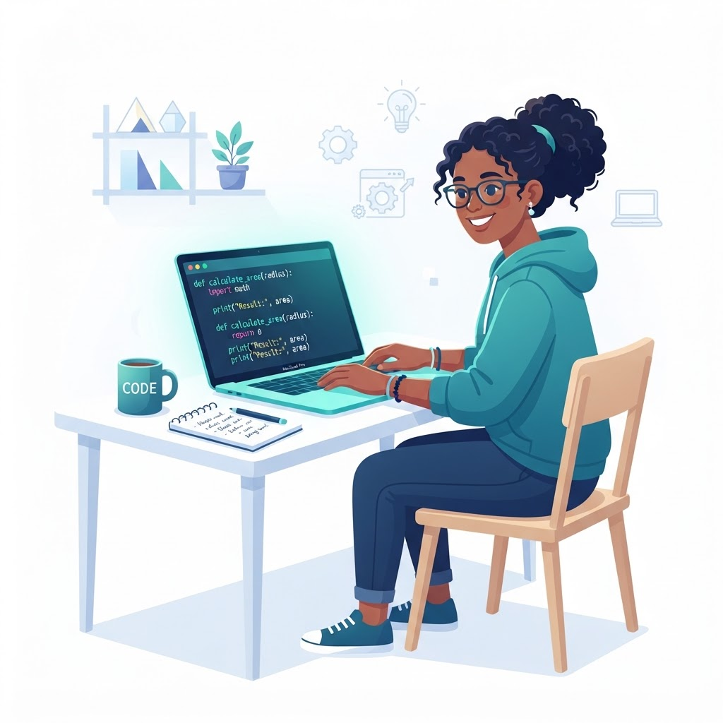 Illustration of a student writing Python code on a laptop