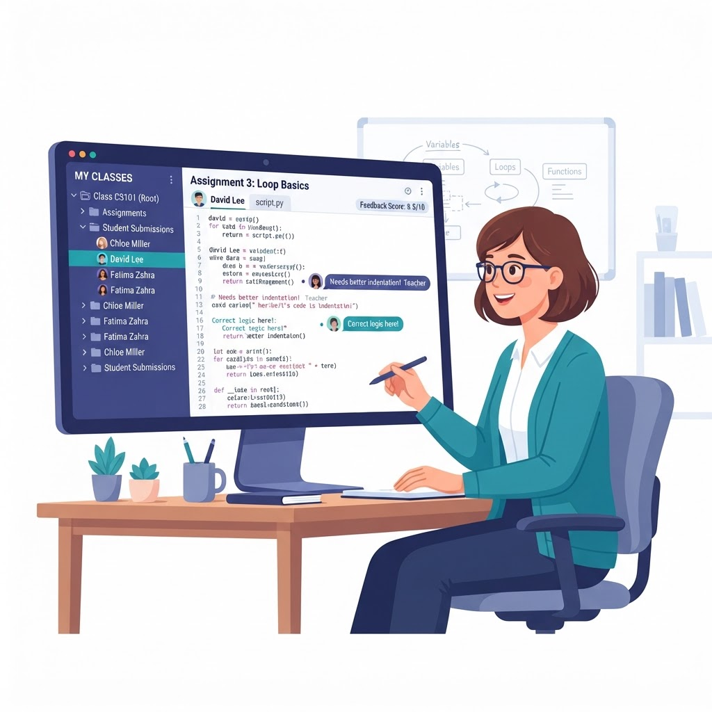 Illustration of a teacher reviewing student code on a dashboard